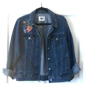 Medium wash jean jacket with floral embroidery